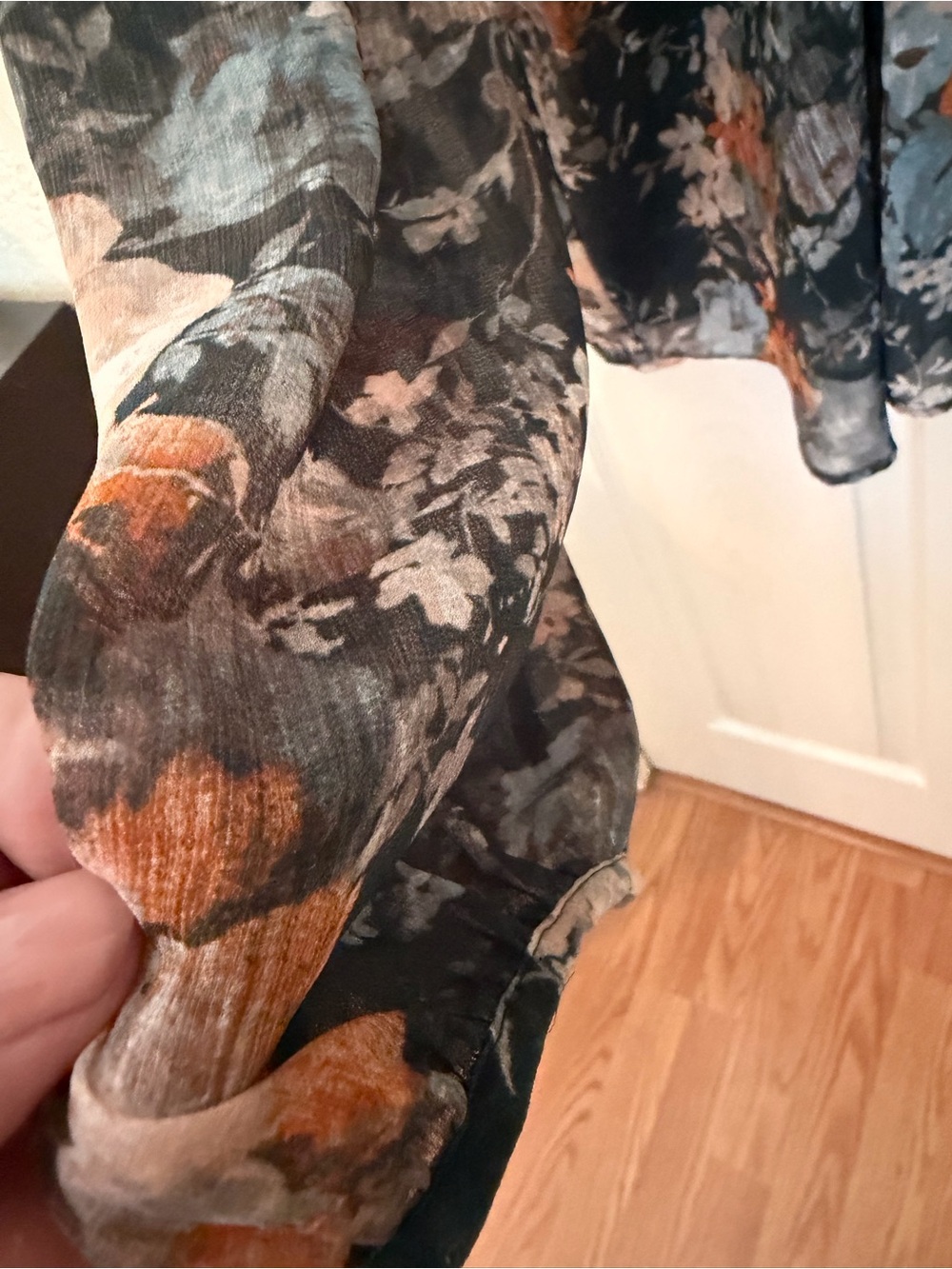 Calvin Klein Chiffon Floral Pleated V-Neck Blouse Green Orange - Size [XL]. EUC - Picture 7 of 11
